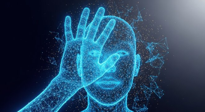 a blue x-ray of a person covering their face with their hand illustration