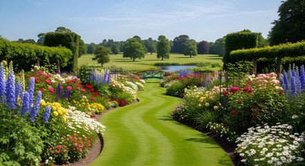 Obraz premium Sunlit formal garden path of velvety green lawn winds gently between exuberant borders of roses, delphiniums and daisies, leading the eye toward tranquil ponds and distant parkland beneath a flawless 