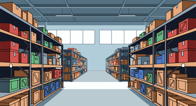 Interior of a pixel art warehouse filled with shelves stacked high with colorful boxes