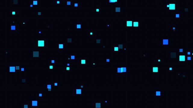 Digital Neon Cubes: A mesmerizing display of radiant neon squares dances across a dark canvas, creating a captivating visual symphony of light and color. 