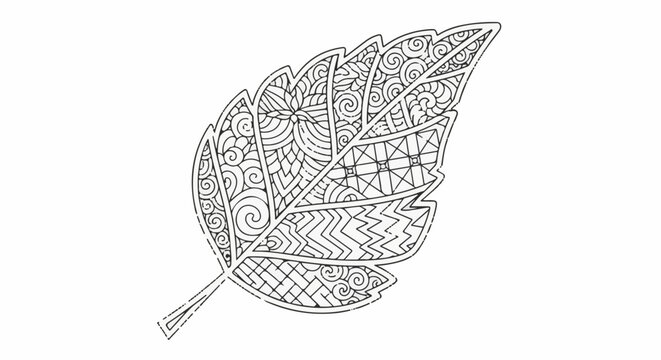 Intricate zentangle leaf outline with detailed patterns for coloring