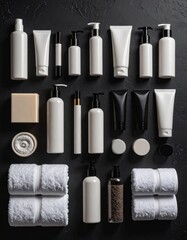 Obraz premium Neatly Arranged Collection of Skincare and Beauty Products on Dark Surface