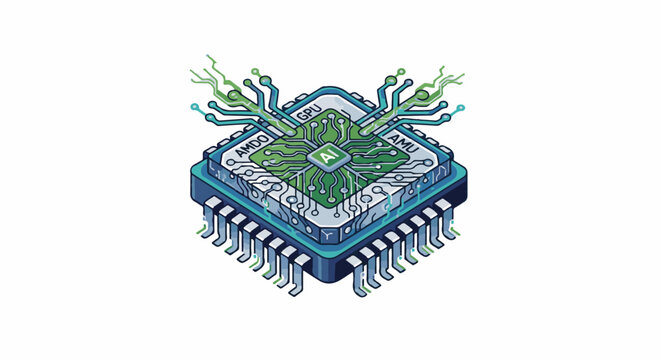 Isometric view of a detailed microchip with intricate circuitry and the word 'AI' at its center