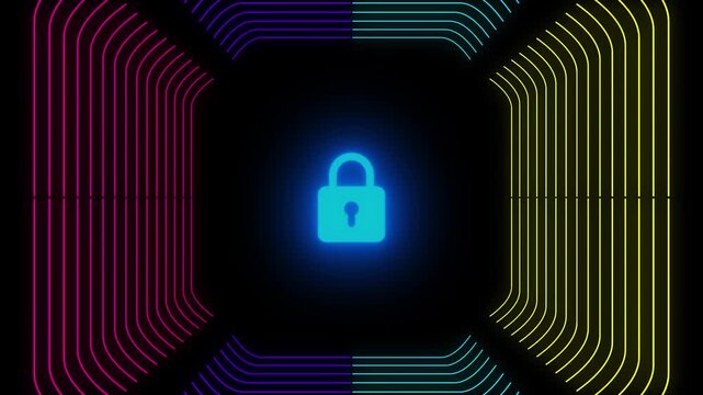 Cyber Security Visual: A glowing padlock illuminates the digital landscape, representing secure data protection within a technological framework. Vibrant linear patterns frame the central symbol.