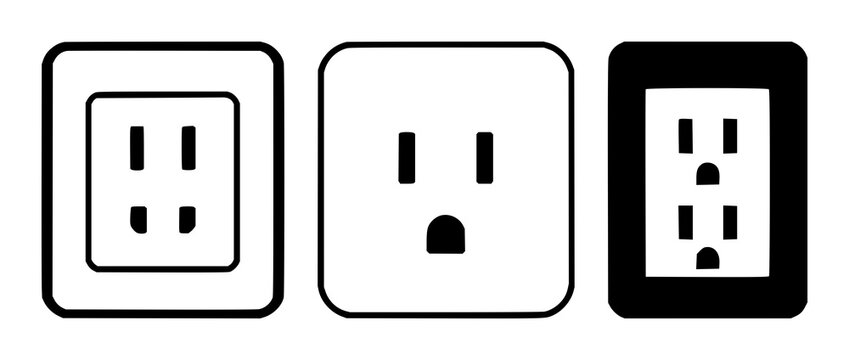 Electrical sockets set with plain solid black icon on white background featuring line art, minimalist, iconography, with technology and power