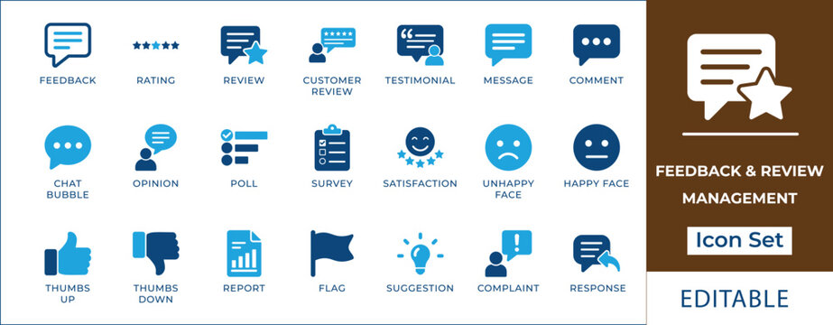 Feedback and review management icon set featuring customer rating stars, testimonial bubbles, survey checklist, net promoter score, thumbs up down, and client satisfaction symbols.