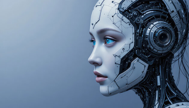 Half human half robot face representing cooperation, clean gradient background.