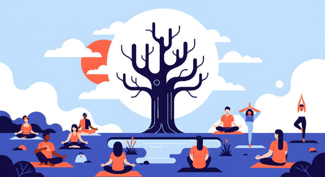 Diverse group of people practicing yoga outdoors in a park with a large tree and sun in the background