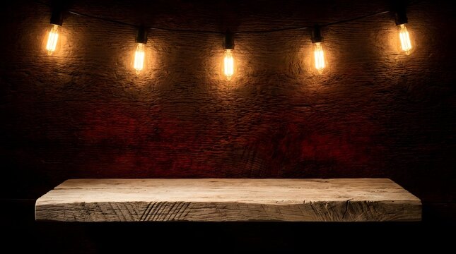 Rustic wooden table with vintage string lights