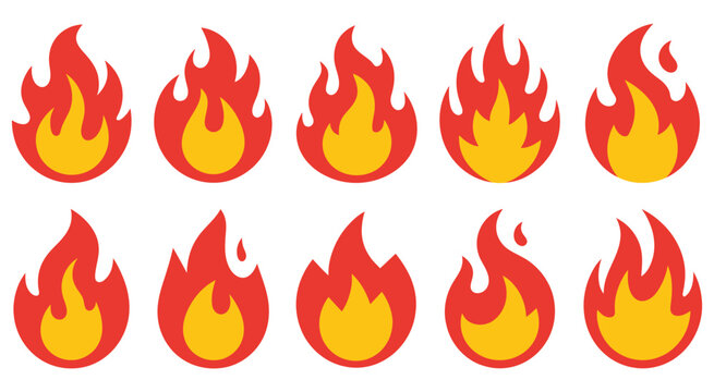 Fire flames icon flat vector, simple burning flame symbol set, heat and energy fire element illustration, minimal modern UI icon for warning safety and power design.