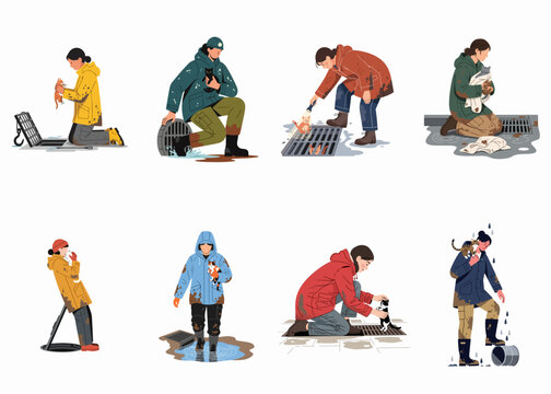 Set of illustrations featuring compassionate volunteers rescuing stray kittens from storm drains and sewers, highlighting animal welfare and urban rescue efforts.