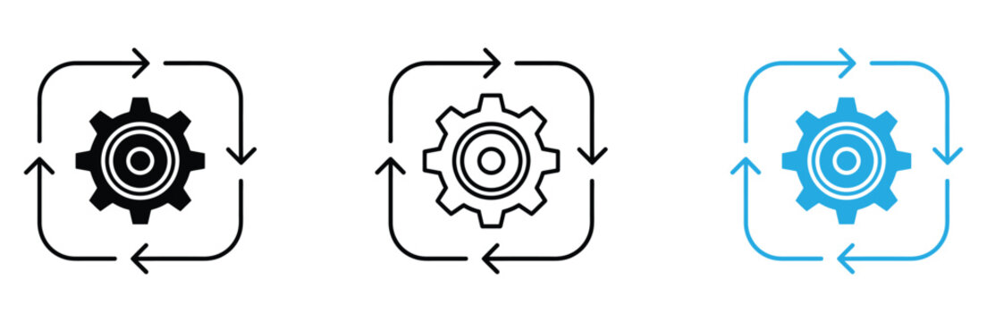 Gear icons with cyclical arrows in black and blue for business process concepts
