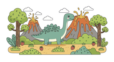 Cute Cartoon Brontosaurus Dinosaur Standing in Prehistoric Landscape. © Berkah