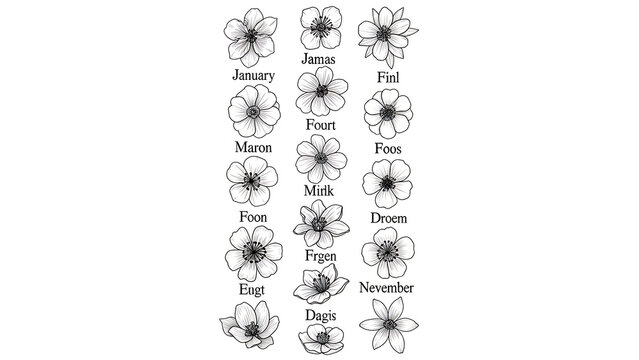 Monochromatic hand-drawn floral calendar set with twelve distinct flower and month labels arranged in three vertical columns isolated on a transparent background