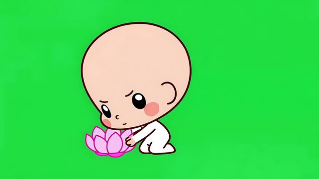 Cute Monk Smelling Lotus Flower Cartoon