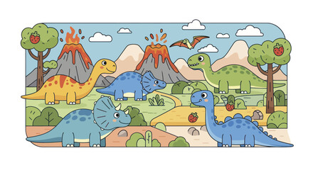Cute Cartoon Dinosaurs Roaming Prehistoric Landscape with Volcanoes and Trees. © Berkah
