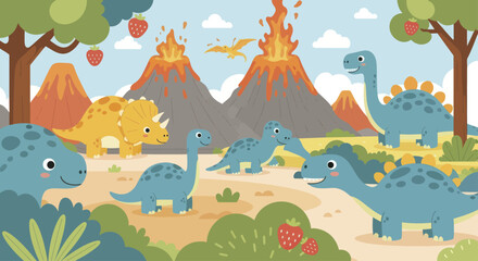 Cute Cartoon Dinosaurs Roaming Prehistoric Landscape with Volcanoes. © Berkah