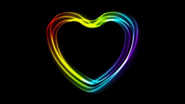 Glowing neon LGBT rainbow heart on dark background with light flares and effects. LGBTQ pride, romantic, and abstract motion design. Video animation Ultra HD 4K 3840x2160