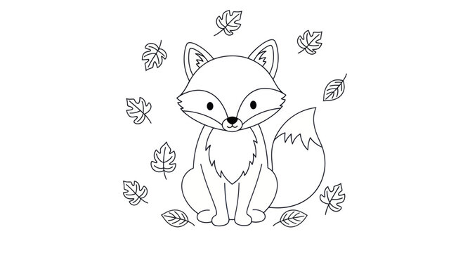 Cute Cartoon Fox Sitting with Autumn Leaves Line Art.