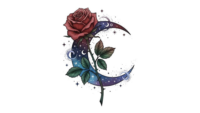 A deep red rose entwined with a galaxy patterned crescent moon decorated with glowing celestial stars and small lunar orbs isolated on a transparent background