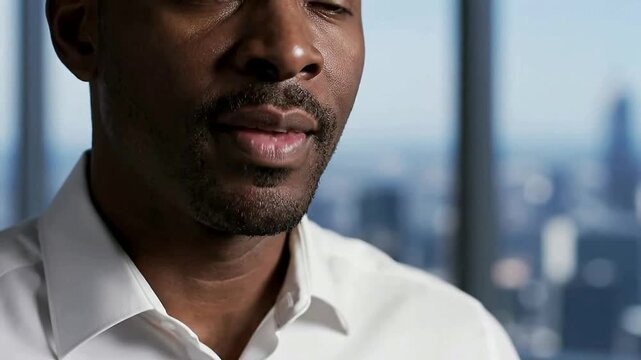 African american man speaks near a window with a city view or Close up shot of a black man talking in an office setting
