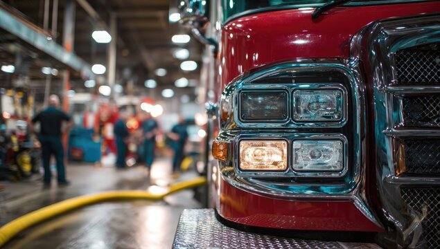 Close-up of a red fire engine's headlights in a station, with blurred figures in background