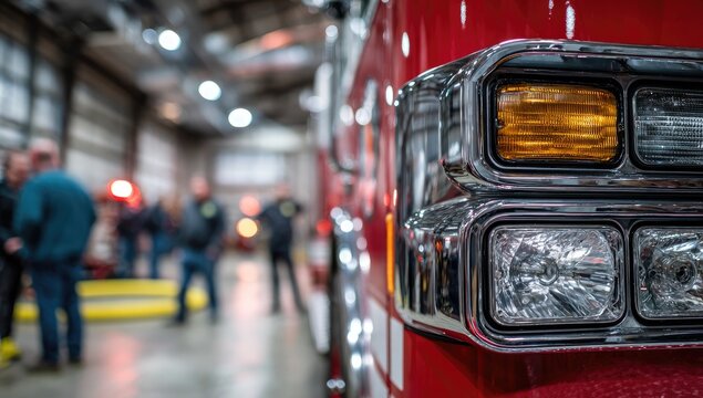 Close-up of a red fire engine's headlights and turn signal