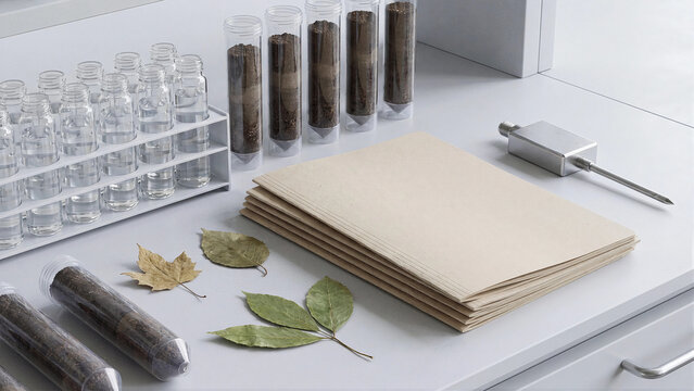 Biomaterial research lab with soil samples, leaves, blank recycled paper and glass vials, green technology concept for sustainable packaging, clean science and environmental innovation works