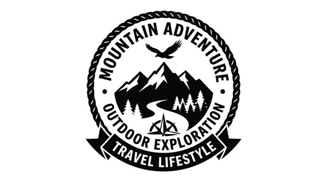Black and white circular badge logo featuring a majestic mountain landscape with an eagle flying above for outdoor adventure travel and rugged nature exploration branding projects