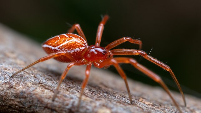 Eine Uloboridae-Spinne sitzt in extremer Nahaufnahme auf einer rauen Holzoberfl&auml;che.