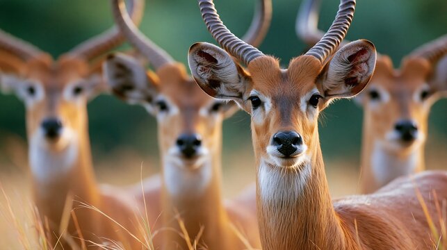 Eine Gruppe von Antilopen mit H&ouml;rnern steht dicht gedr&auml;ngt in hohem goldenen Gras und blickt in die Kamera.