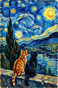 Two cats gaze at a vibrant, swirling night sky above a glowing town, rendered in a painterly post-impressionistic style, full of cosmic wonder
