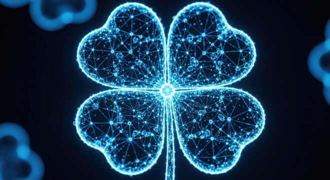 Glowing blue four-leaf clover on a black background with a futuristic design illustration