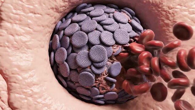 Platelets rapidly gathering at a ruptured plaque site, forming a blood clot that begins to block the artery