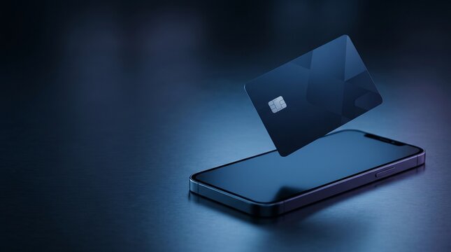 Blue credit card floating above a smartphone for contactless payments