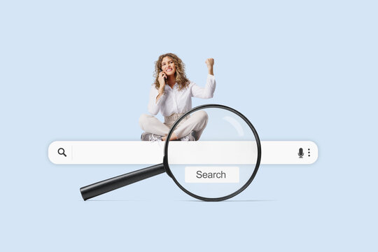 Art collage. A young woman with a smartphone is sitting on a big magnifying glass. Searching and get a job concept.