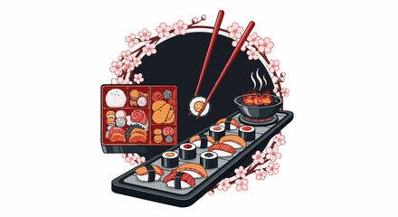 Fototapeta premium Pixel art illustration of a bento box, sushi, and grilled food with cherry blossoms