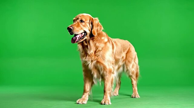 Golden Retriever Dog Stands on Green Screen Background Filmed in 4k