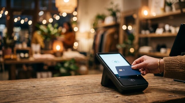 Customer making contactless payment with credit card at shop checkout counter