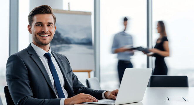 Banking and insurance service page can use a warm office representative portrait where a smiling account manager faces the viewer as colleagues handle a shared task nearby for trust