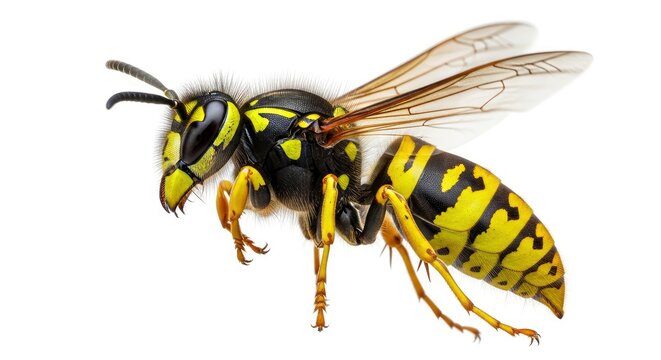 Detailed macro side view of a yellowjacket wasp isolated on a white background