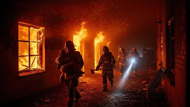 Firefighters battling inferno rescue victims from burning structure at night