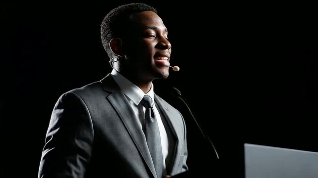 Confident african american businessman delivers a speech at a podium or speaker presenting at conference with microphone on stage