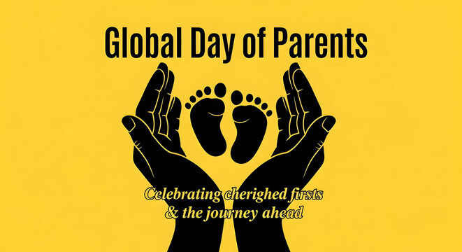 Global day of parents illustration with baby footprints and protective hands