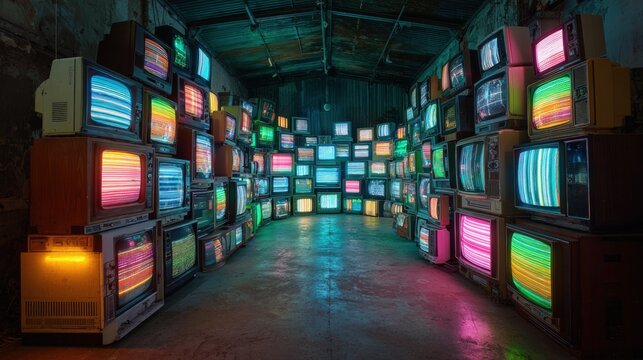 A hallway of vintage CRT televisions stacked high, displaying vibrant color test patterns in a dark warehouse.