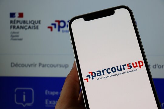 Salvador, Brazil - May 11, 2026: Parcoursup logo displayed on a smartphone screen with the official website in background. French higher education admission (Entrez dans l'enseignement sup&eacute;rieur). 