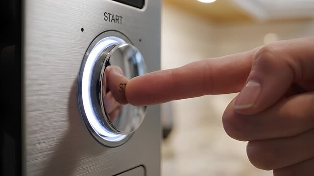 Close up of a finger pressing the start button on a modern appliance.