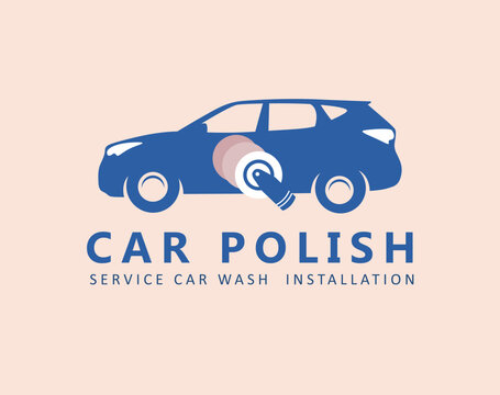 Car polish service and wash complex label with inscription drawing with blue on beige background