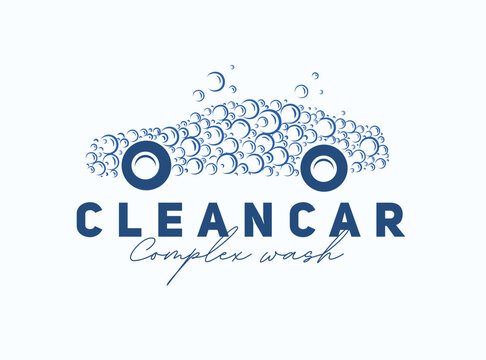 Car wash bubble complex label with inscription drawing with blue on light background