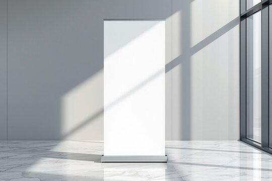 Roll up banner standee mockup standing upright on a smooth light grey wall in a modern corporate office lobby, plain white banner surface without text,
